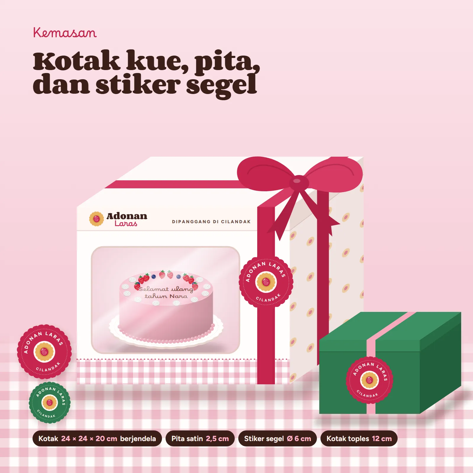 Adonan Laras: Kotak kue dan stiker segel