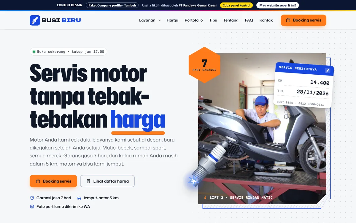 Tampilan website Bengkel Busi Biru