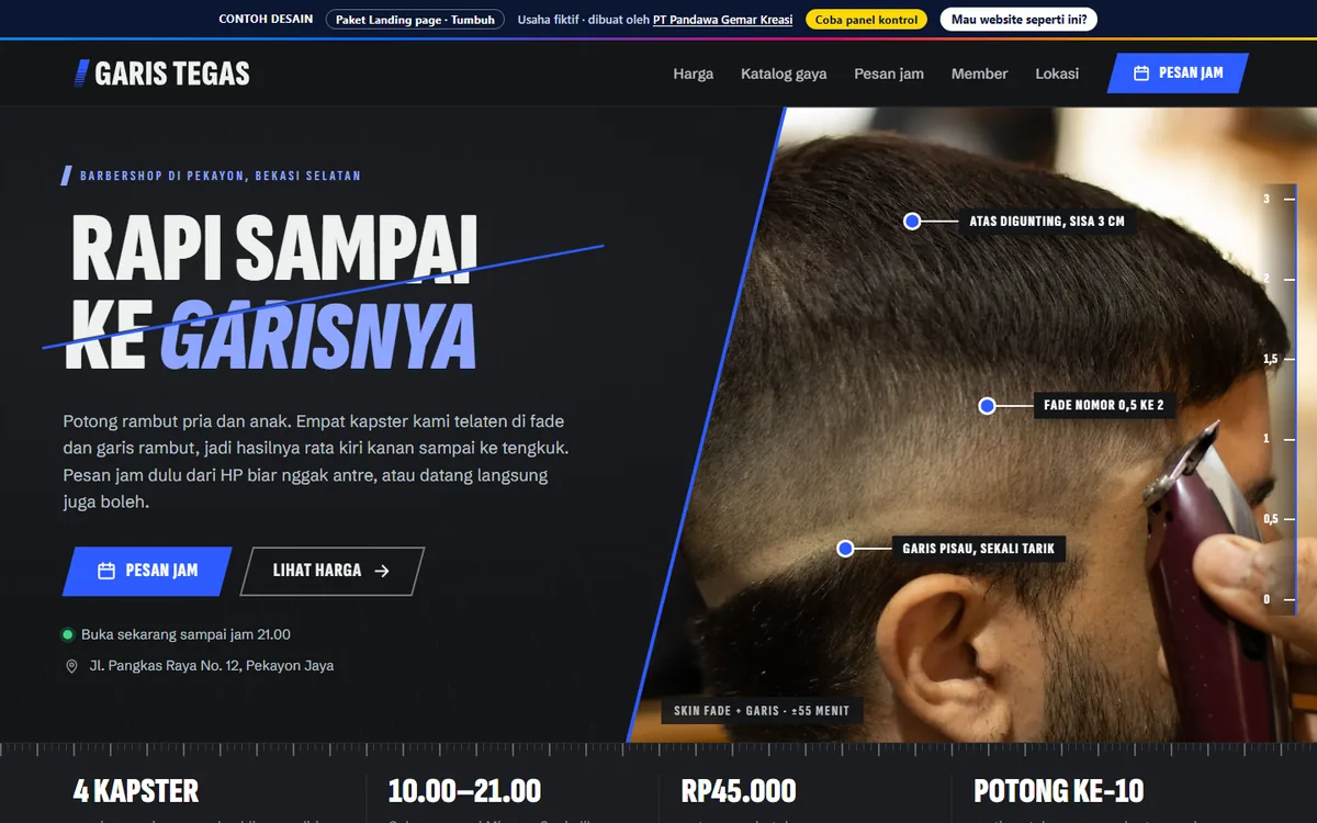 Tampilan website Garis Tegas Barbershop