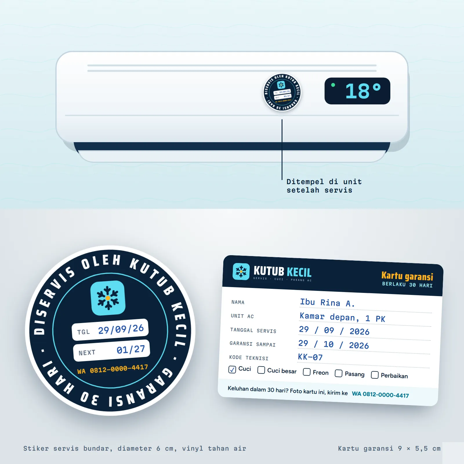 Servis AC Kutub Kecil: Service stickers and warranty cards