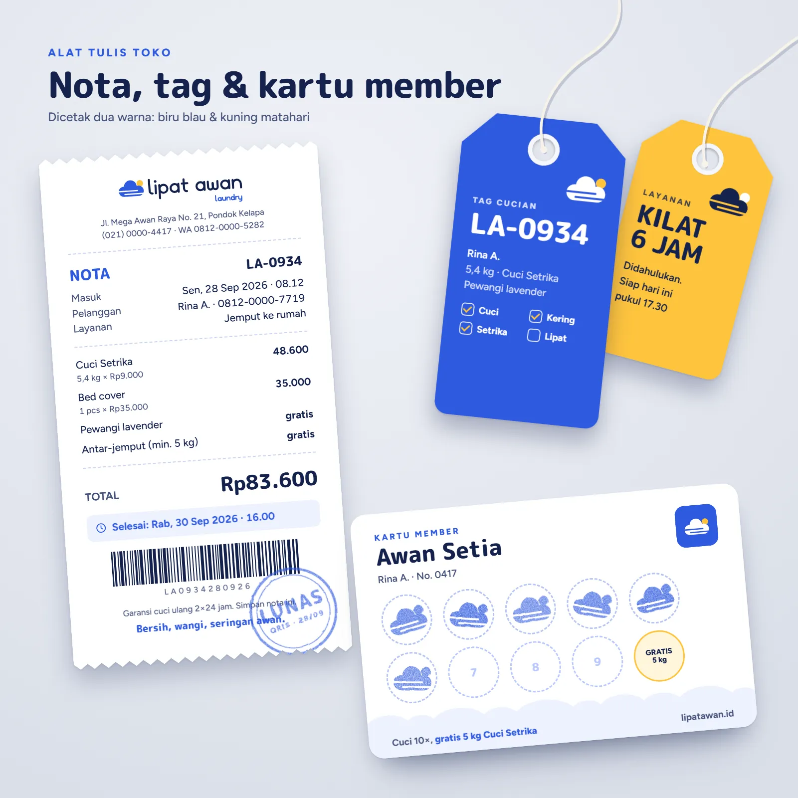 Lipat Awan Laundry: Nota, tag, dan kartu member