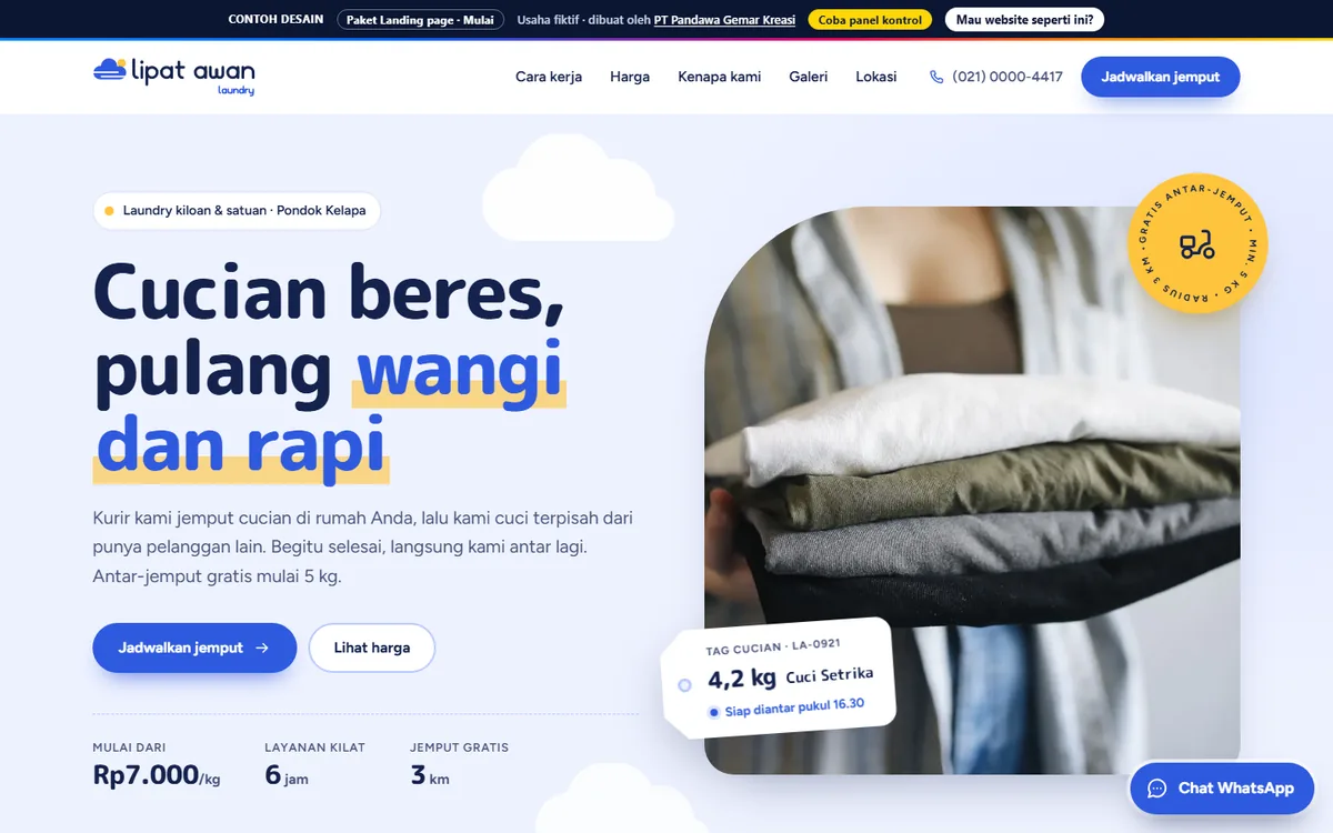 Tampilan website Lipat Awan Laundry