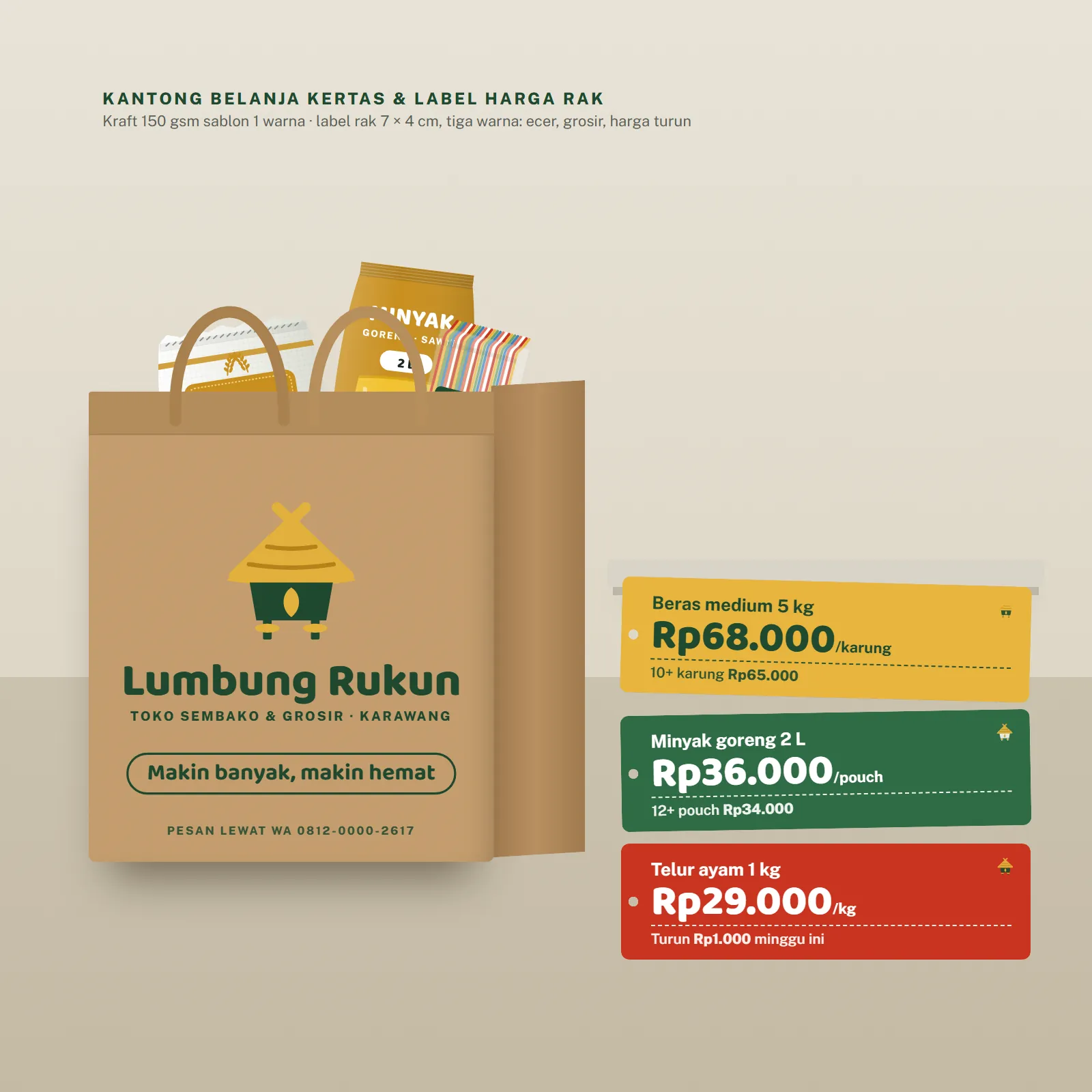 Toko Sembako Lumbung Rukun: Shopping bags and shelf price labels
