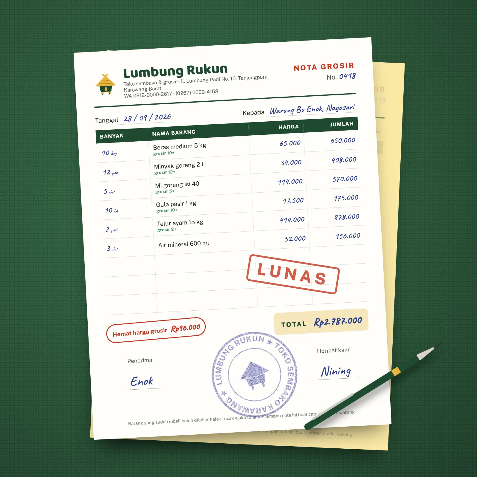 Toko Sembako Lumbung Rukun: Wholesale receipts and store stamp