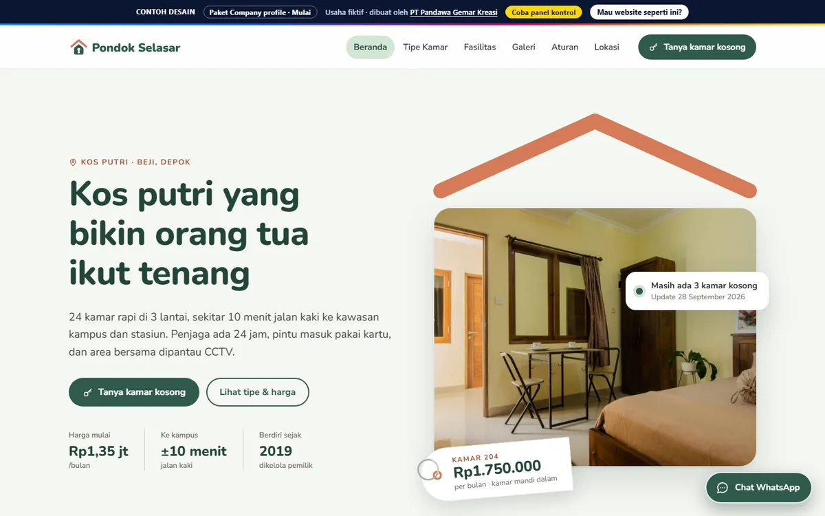 Tampilan website Kos Pondok Selasar