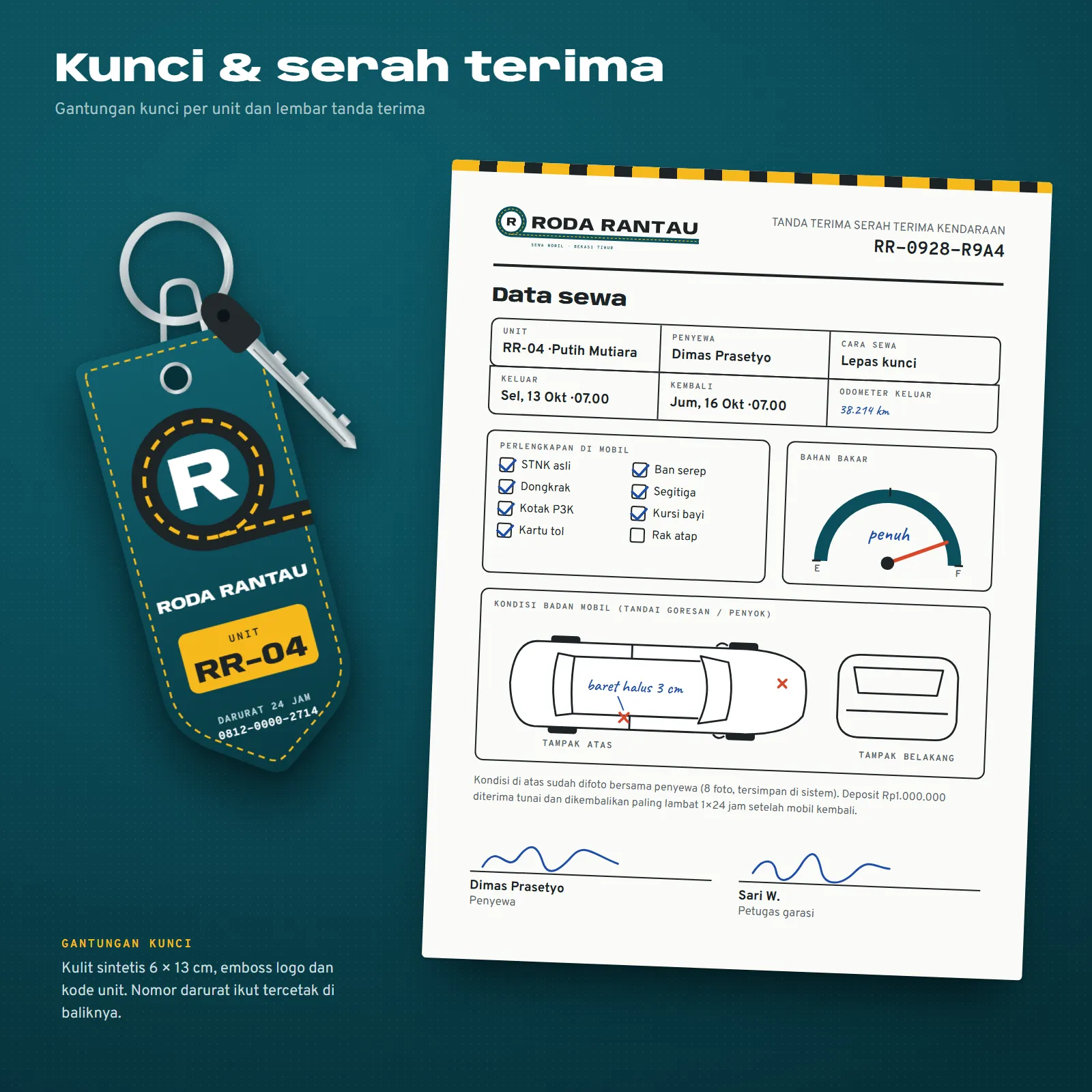 Roda Rantau Rental Mobil: Gantungan kunci dan tanda terima