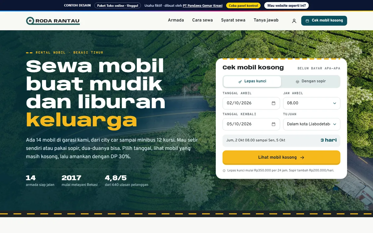 Tampilan website Roda Rantau Rental Mobil