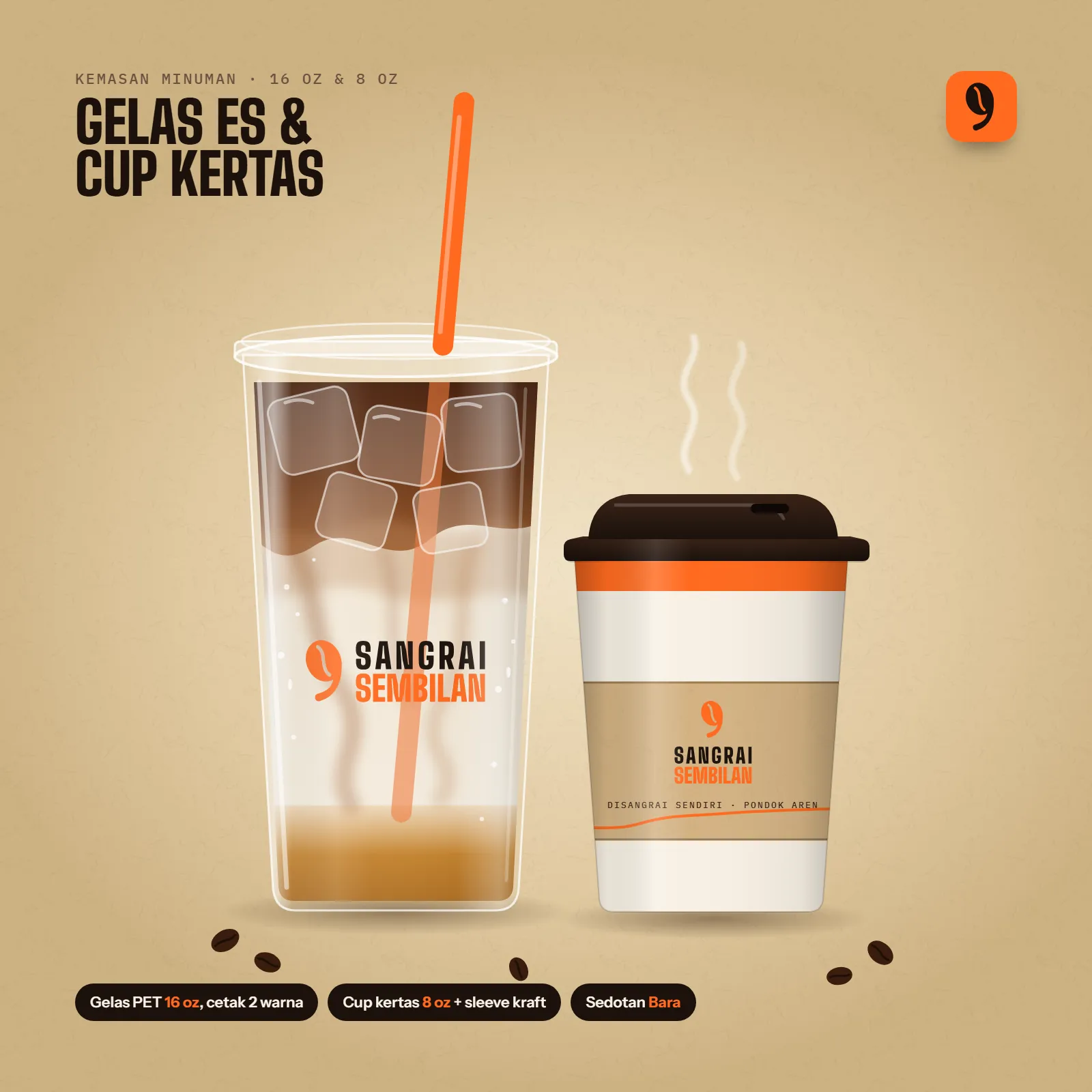 Kedai Sangrai Sembilan: Gelas es kopi dan gelas panas