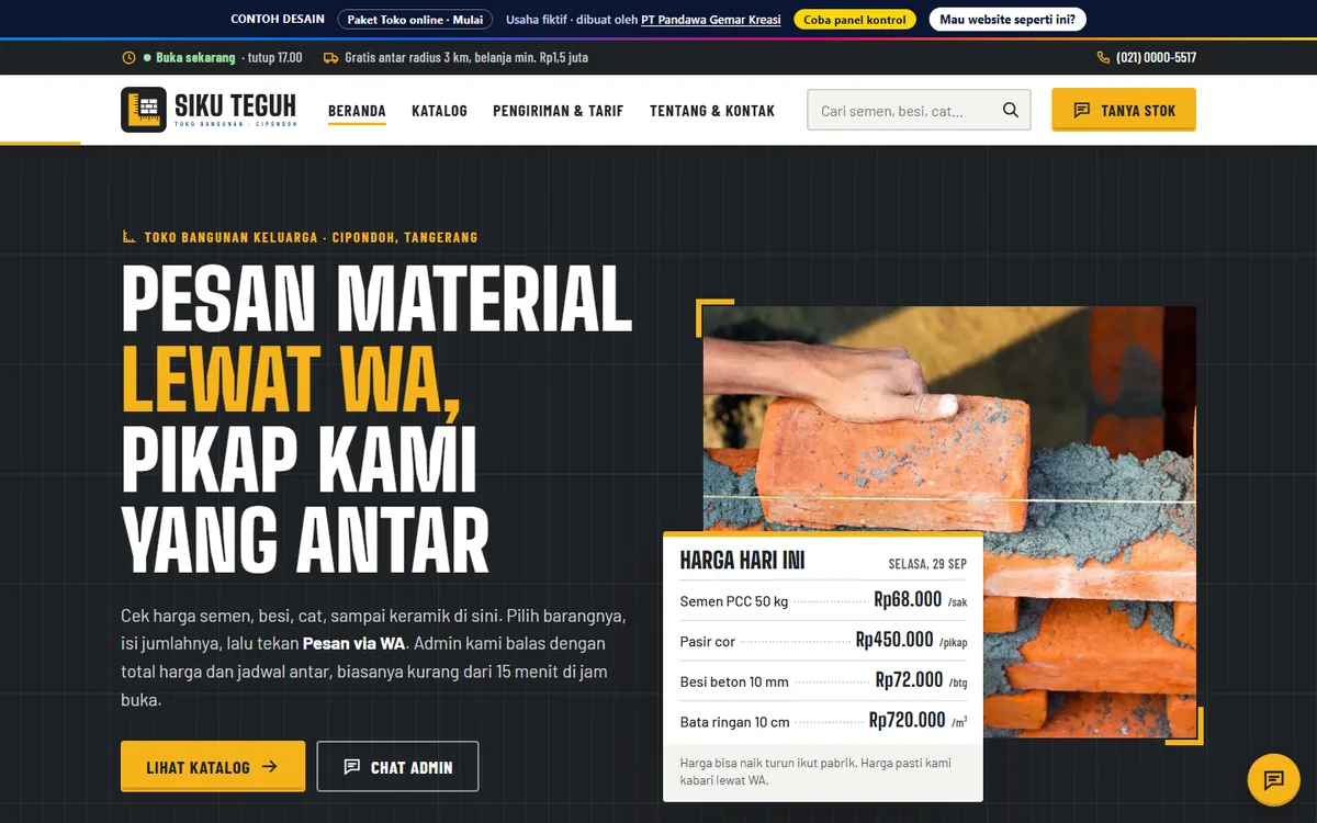 Tampilan website Toko Bangunan Siku Teguh